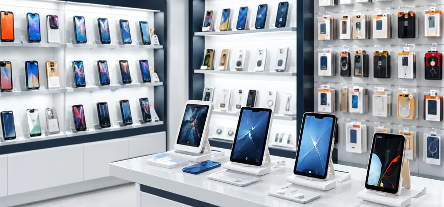 Pared de exhibición de una tienda de celulares y accesorios